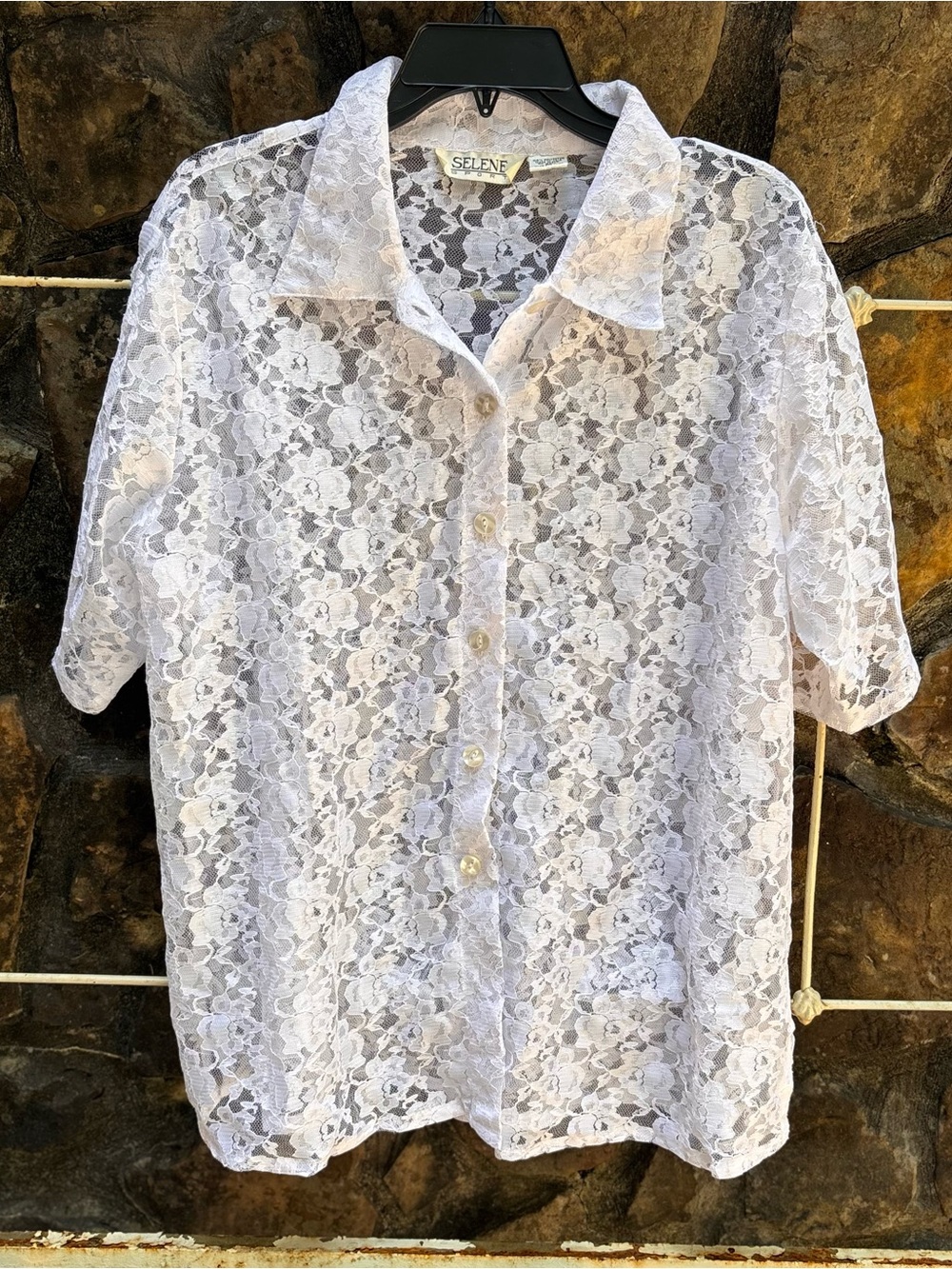 VTG 90s Y2K Selene Sport Sheer White Floral Lace Button Up Shirt Blouse Plus 2X